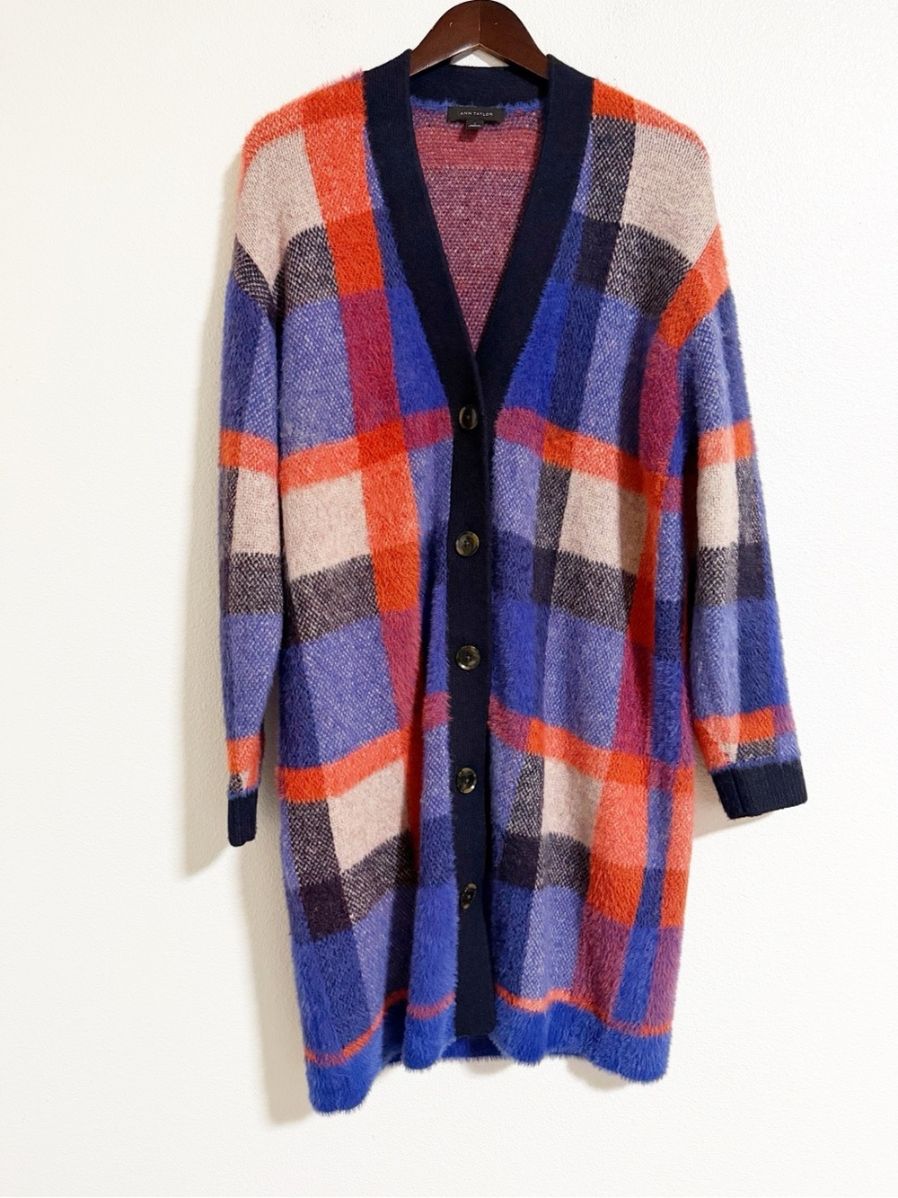 Ann Taylor Fuzzy Knit Plaid Wool Blend Long Line Cardigan